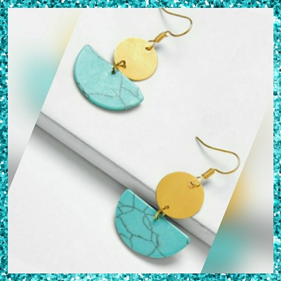 Gold & Turquoise Geometric Dangle Earrings - Picture 4 of 4